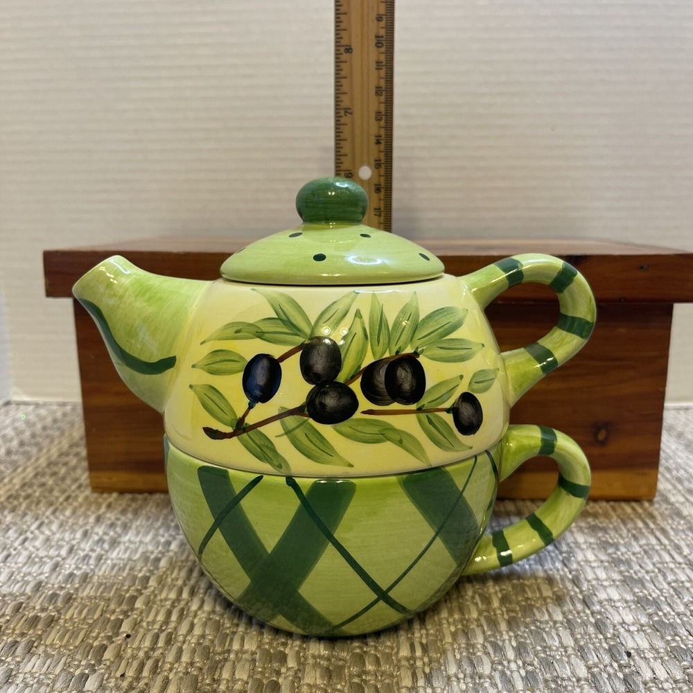 Olive Tea For One Set Teapot and Cup Stackable Kitchen Decor Ceramic - Picture 8 of 12